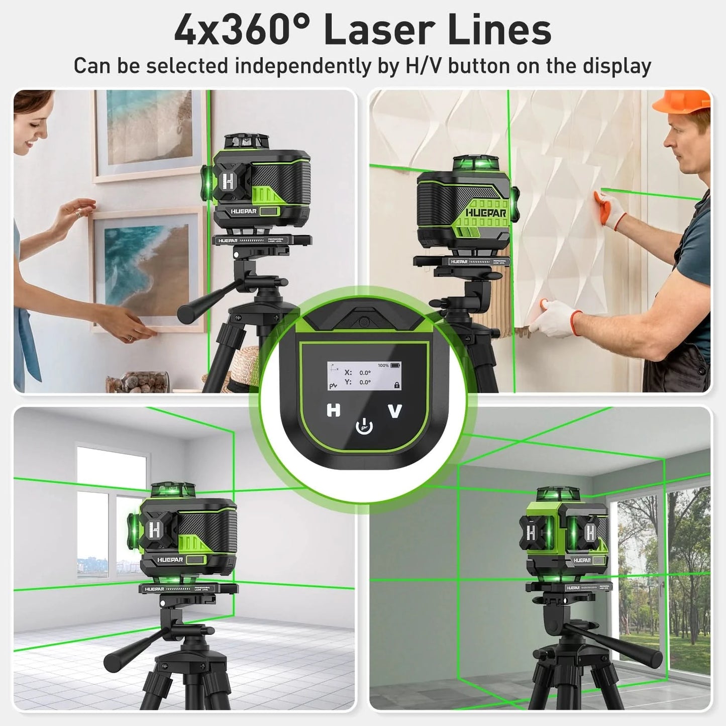 Huepar 16 Lines 4D Self-Leveling Laser Level 4x360°Cross Line Laser with LCD Screen Bluetooth & Remote Control 2x Battery Z04CG