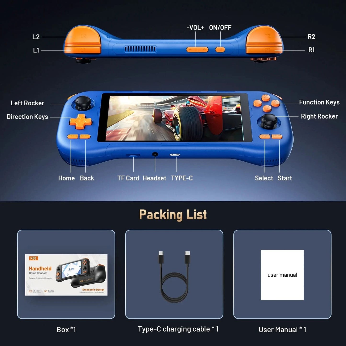 KINHANK K56 Handheld-Spielekonsole 5,5 Zoll Touchscreen 50 Emulatoren für Android 14 PS1/PSP/DC/SS 5000mAh WIFI5 Retro-Game-Player