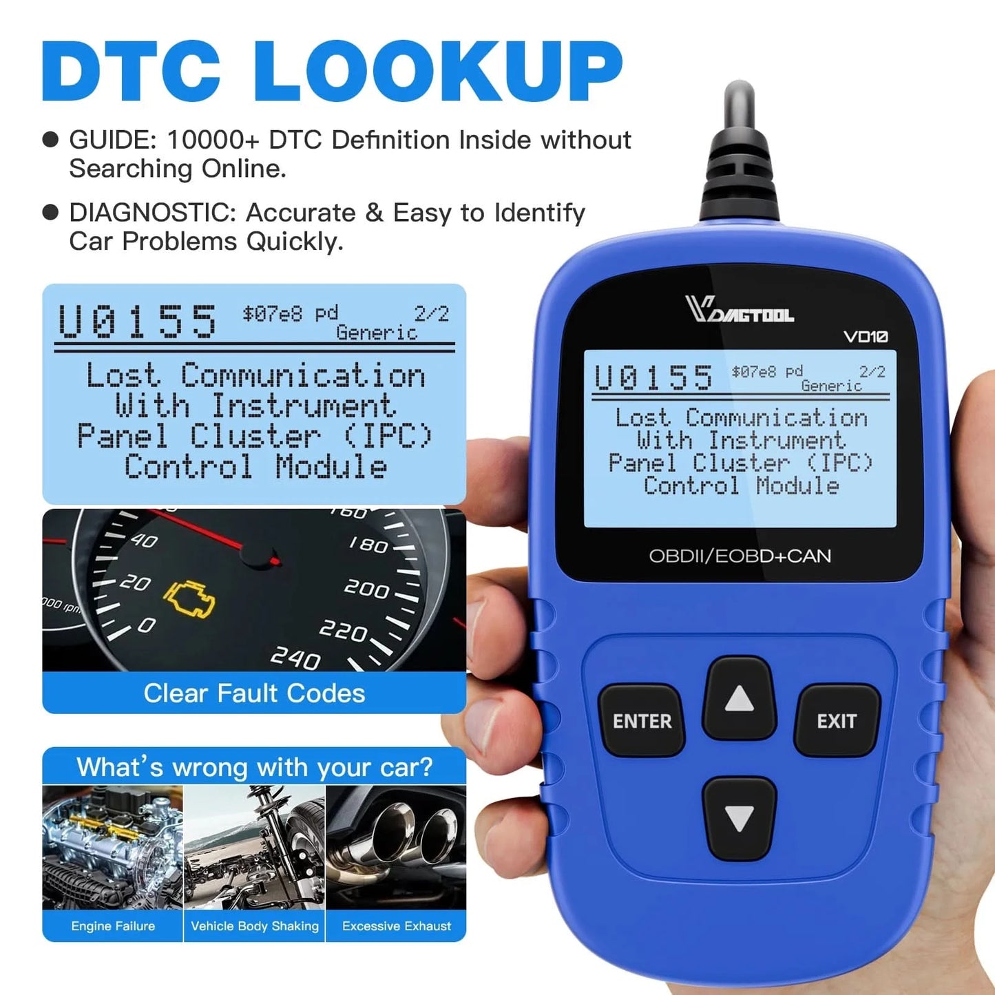 VDIAGTOOL VD10 OBD2 Diagnosegerät KFZ-Scanner mit I/M-Bereitschaftscodes, Motorprüffunktion, lebenslange kostenlose Updates