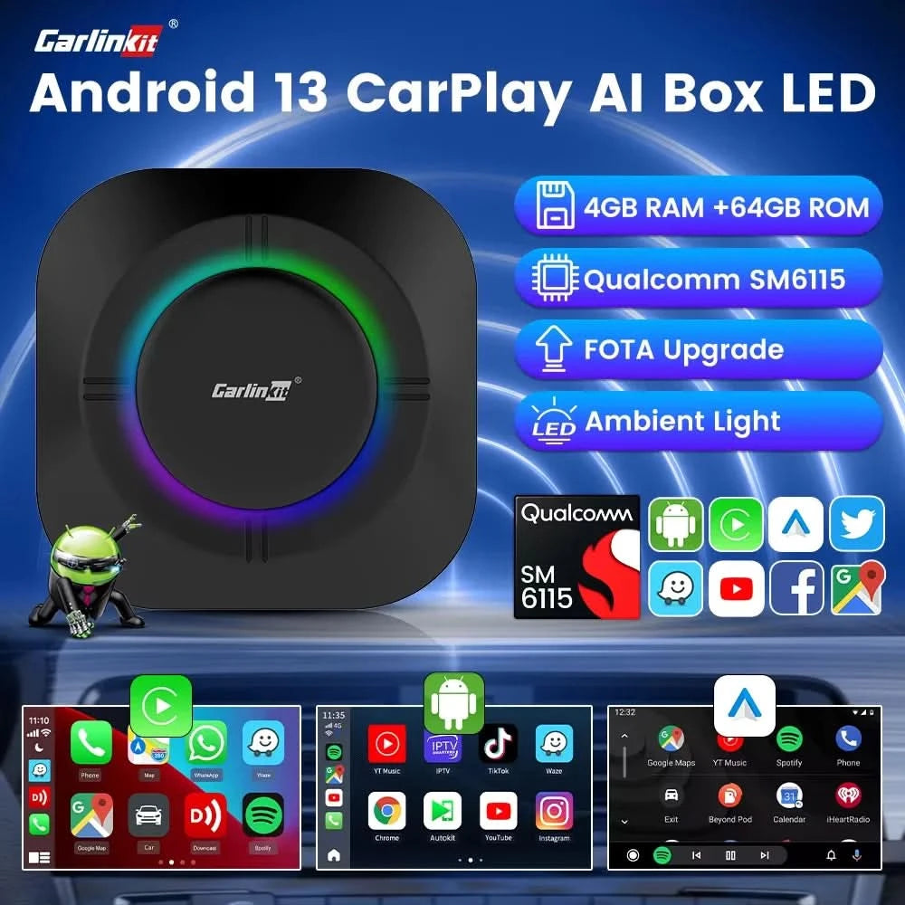 CarlinKit S2 CarPlay Ai Box LED Android 13 Streaming Box 64G/128G Qualcomm 8-Core Split Screen Smartes Fahrzeugsystem Wiedergabe von Videos