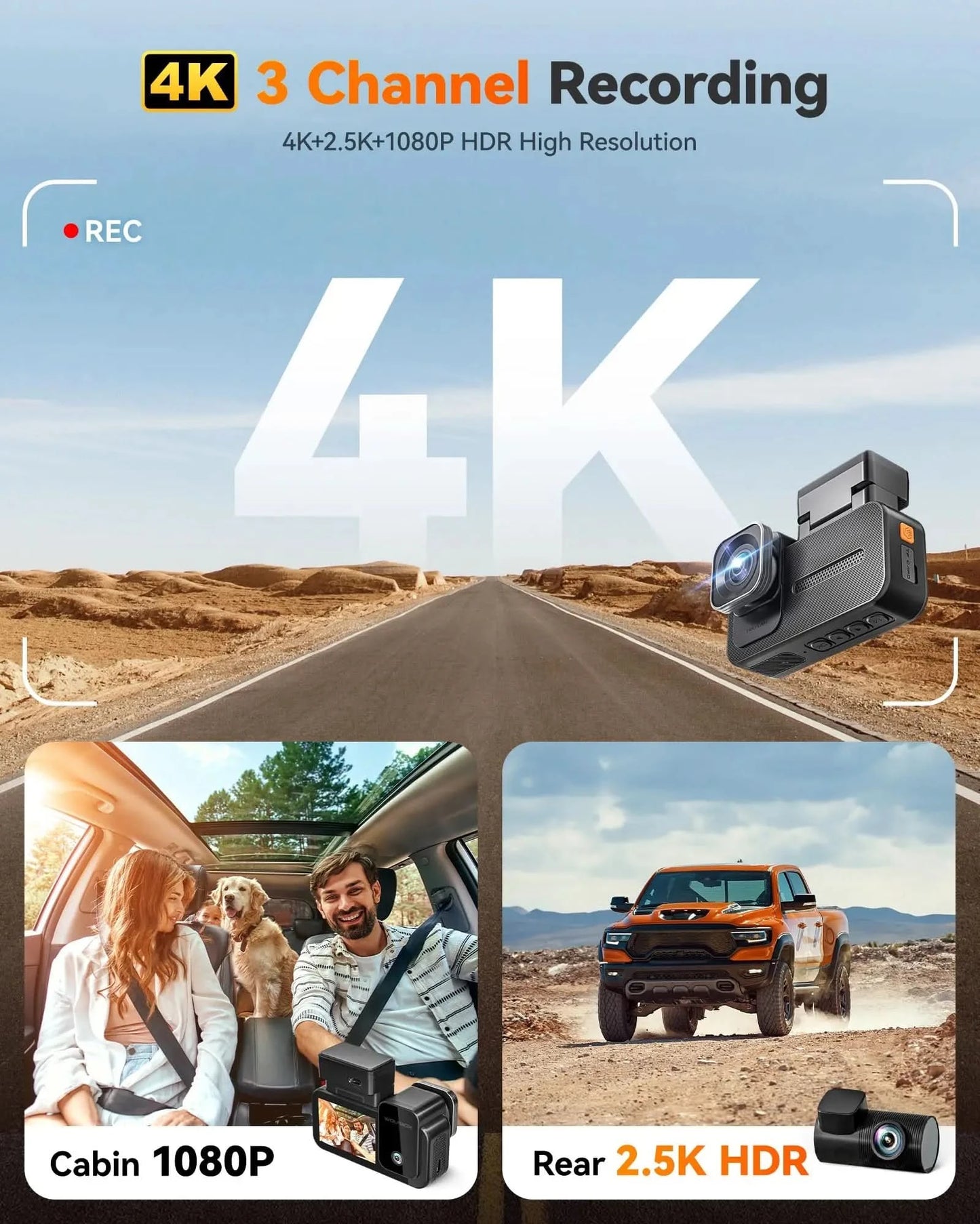 WOLFBOX X5 3-Kanal 4K Dashcam STARVIS 2 IMX678 4K+2.5K Dreifach-Auto-Kamera für vorne, hinten und innen 5.8GHz WiFi Spiegel-Auto-DVR