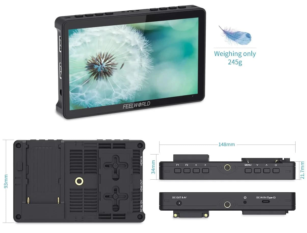 FEELWORLD F5 Pro V4 6 Zoll DSLR-Kamera-Feldmonitor Touchscreen 3D LUT FHD1920 1080 4K HDMI Video Fokusassistent für Gimbal