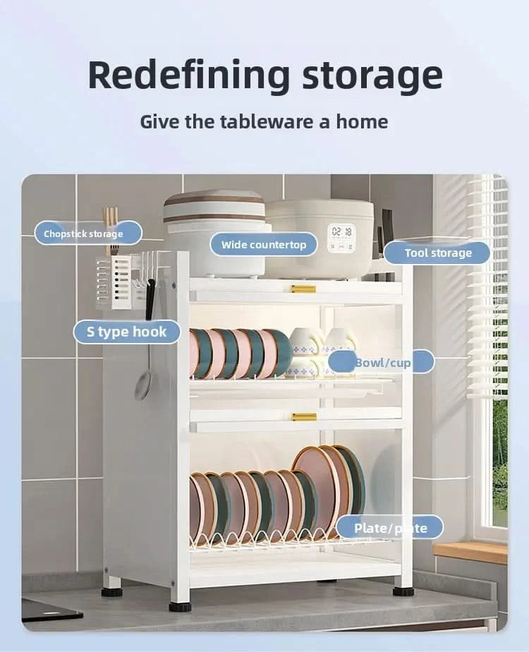 Kitchen cupboard storage box with door, dust-proof bowl rack, countertop, dish storage rack, chopsticks, dishes, drain rack