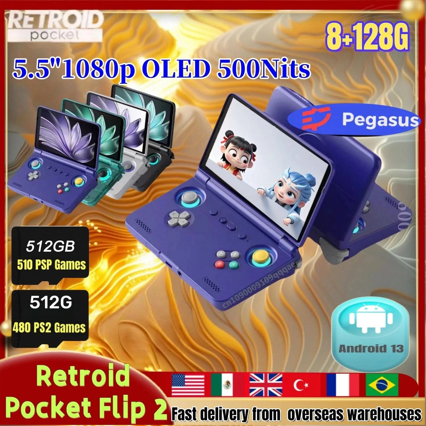 Retroid Pocket Flip 2 RP Flip 2 Retro Handheld-Spielkonsole Videospielkonsole 5,5'' AMOLED-Touchscreen PSP PS2 SD865 Android13