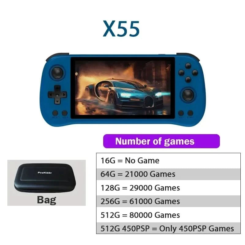 80000Games 512G POWKIDDY X55 5.5INCH IPS Screen RK3566 Handheld Game Console Linux Open-Source Retro Console HD Gifts