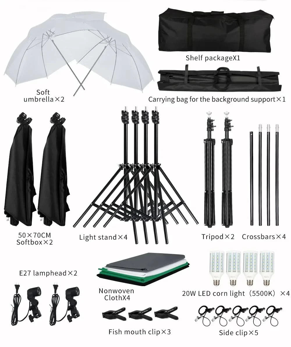 Fotohintergrundrahmen Ständer Softbox Beleuchtungsset Fotostudio-Ausrüstungszubehör mit 3 Hintergrundstoffen und Stativ
