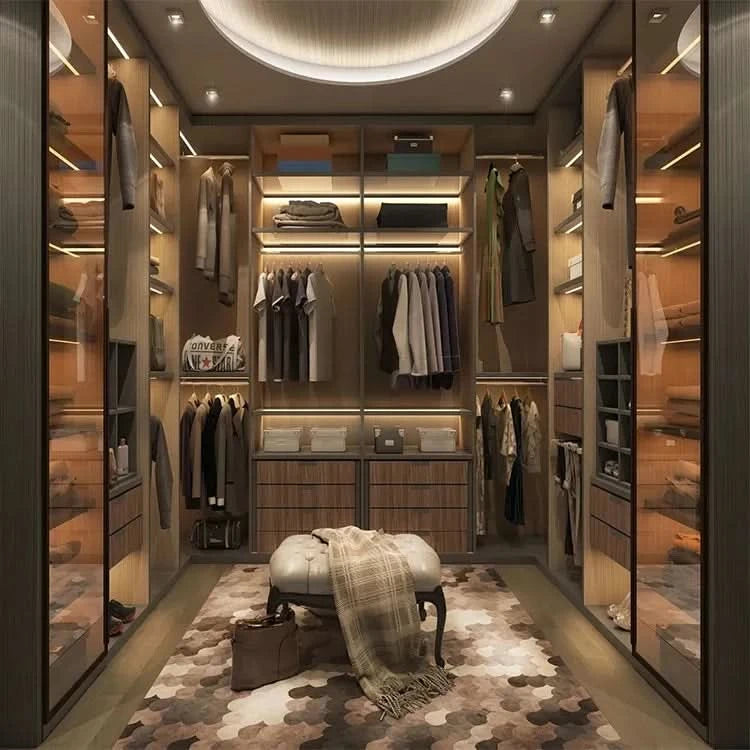 Modern wardrobes L shape with LED light walk in closets