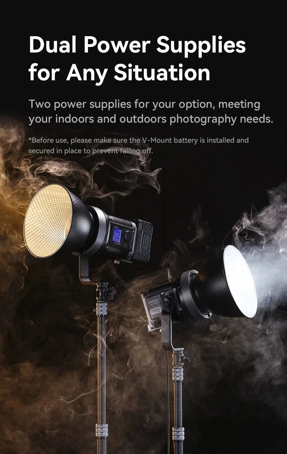 Ulanzi VL-120Bi VL-120C 120W V-Mount Videoleuchte mit kabelloser Steuerung CRI 95+ 2700K-6500K COB Lampe für Innen- und Außenaufnahmen