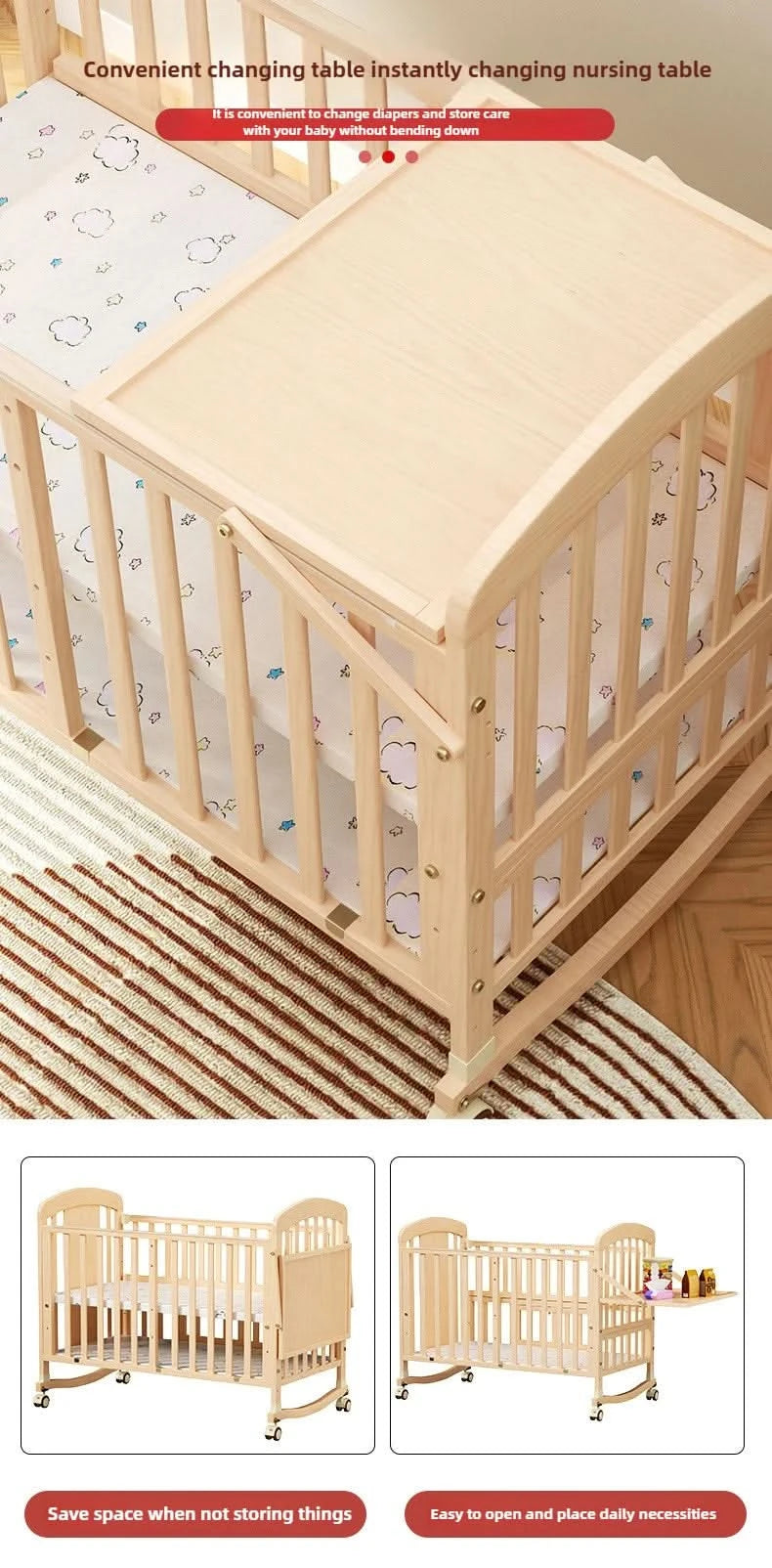 Baby Comfortable Sleeping Bed Solid Wood Newborn Baby Bed Multifunctional Baby Rocking Bed with Wheels and mosquito net