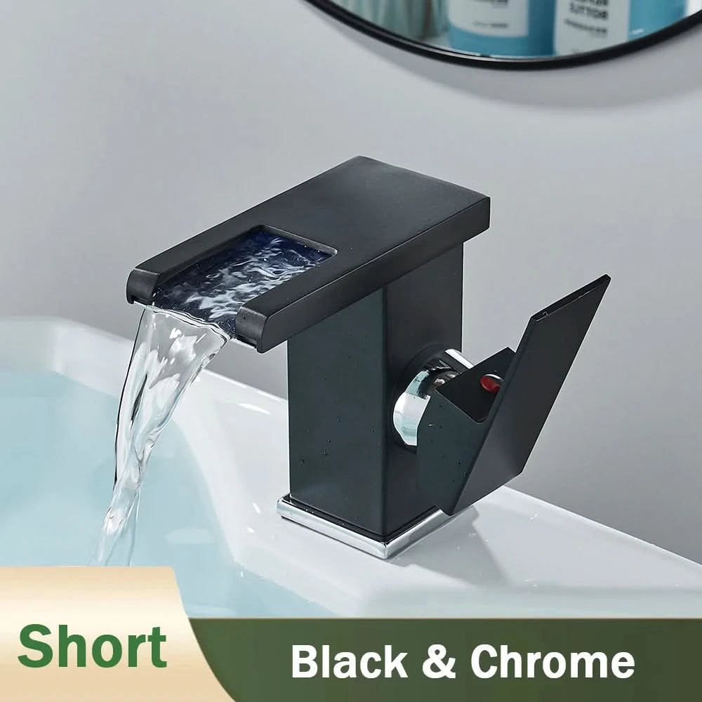 Rozin LED Bathroom Basin Faucet Black Waterfall Sink Faucets Hydroelectric LED Deck Mounted Crane Hot Cold Water Mixer Tap