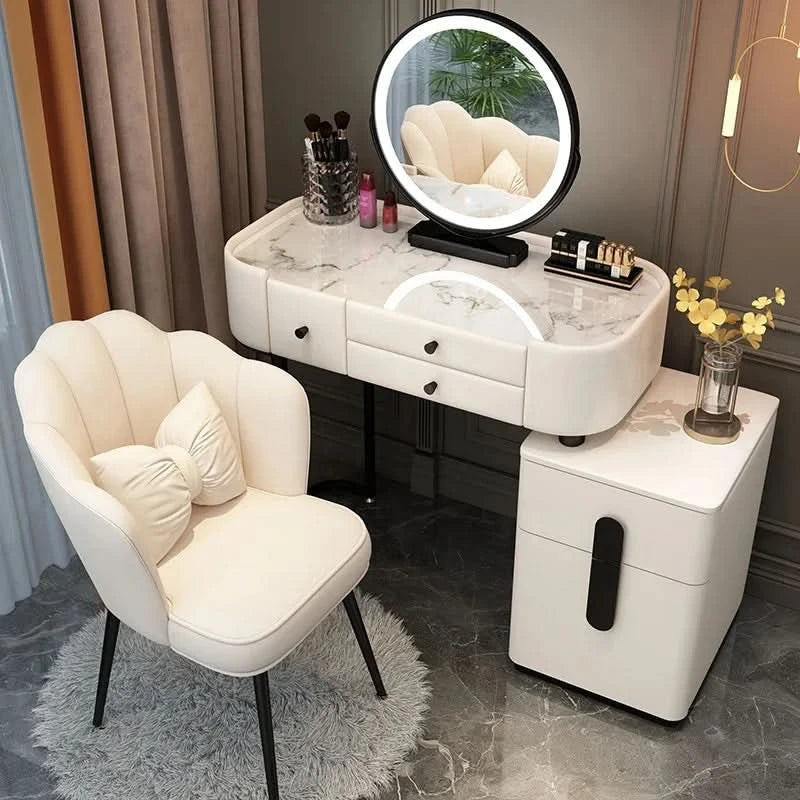Luxury Jewelery Storage Dressing Table Glass Top Girls Unique Makeup Mirror Beauty Dressing Table Light White Muebles Decoration