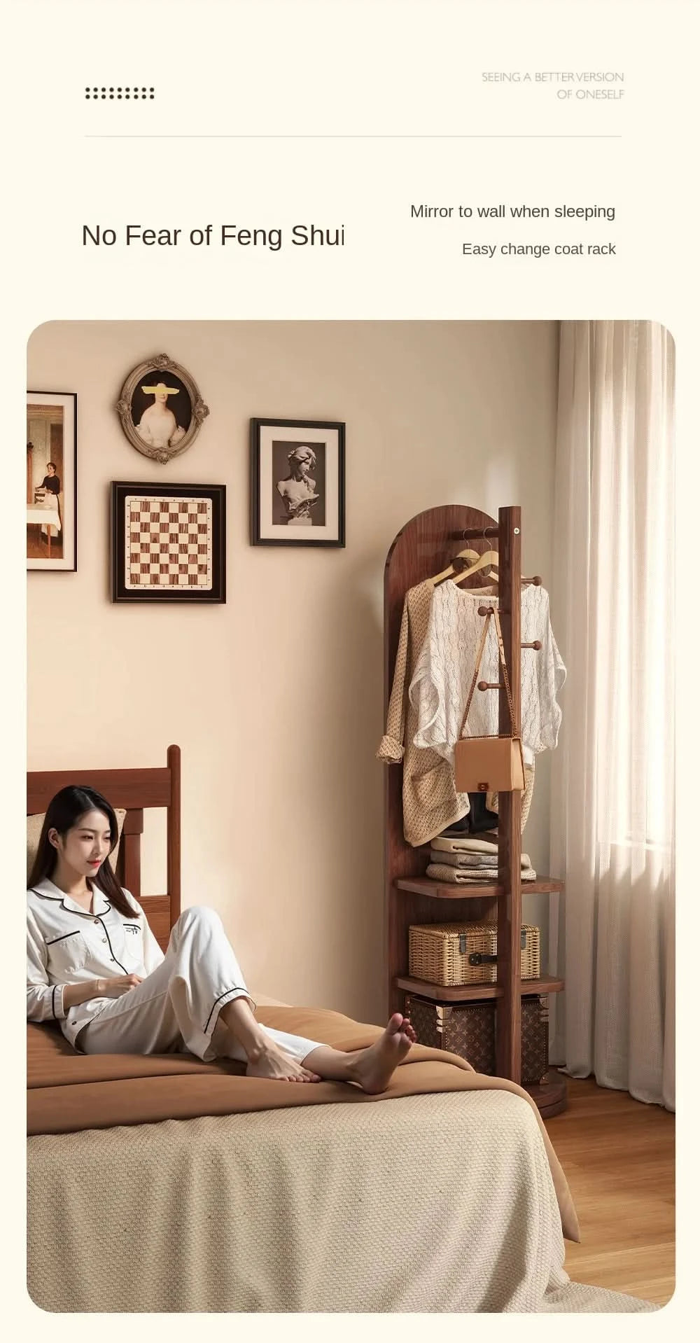 Full-length mirror with coat rack, rotating floor mirror, home bedroom dressing mirror, fitting mirror, multi-function mirror