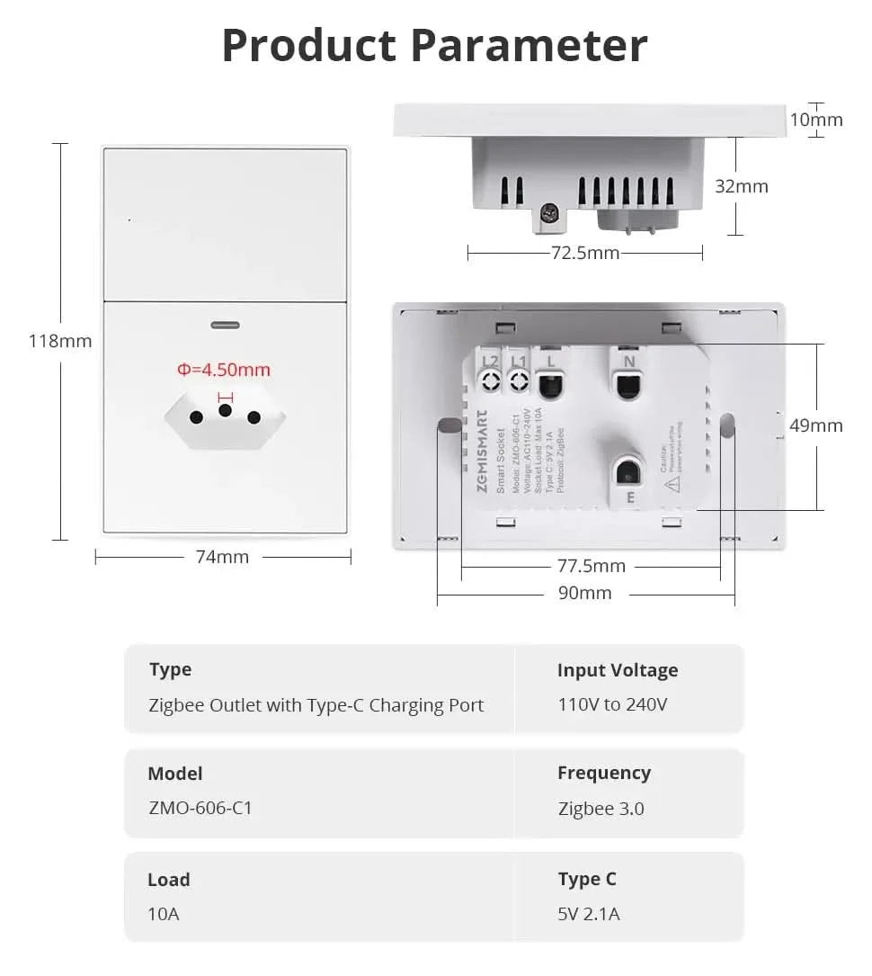 Zemismart Matter Zigbee Hub Work with Tuya Homekit Smartthings Google Home Zigbee Brazil Socket Outlet Smart Wall Tomada 10A 20A