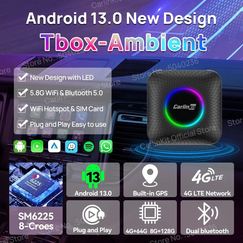 2026 CarlinKit CarPlay AI Box Android 13.0 SM6225 8-Core Android Auto Wireless CarPlay Adapter 2.4+5GGPS 64G 128G FOTA-Upgrade
