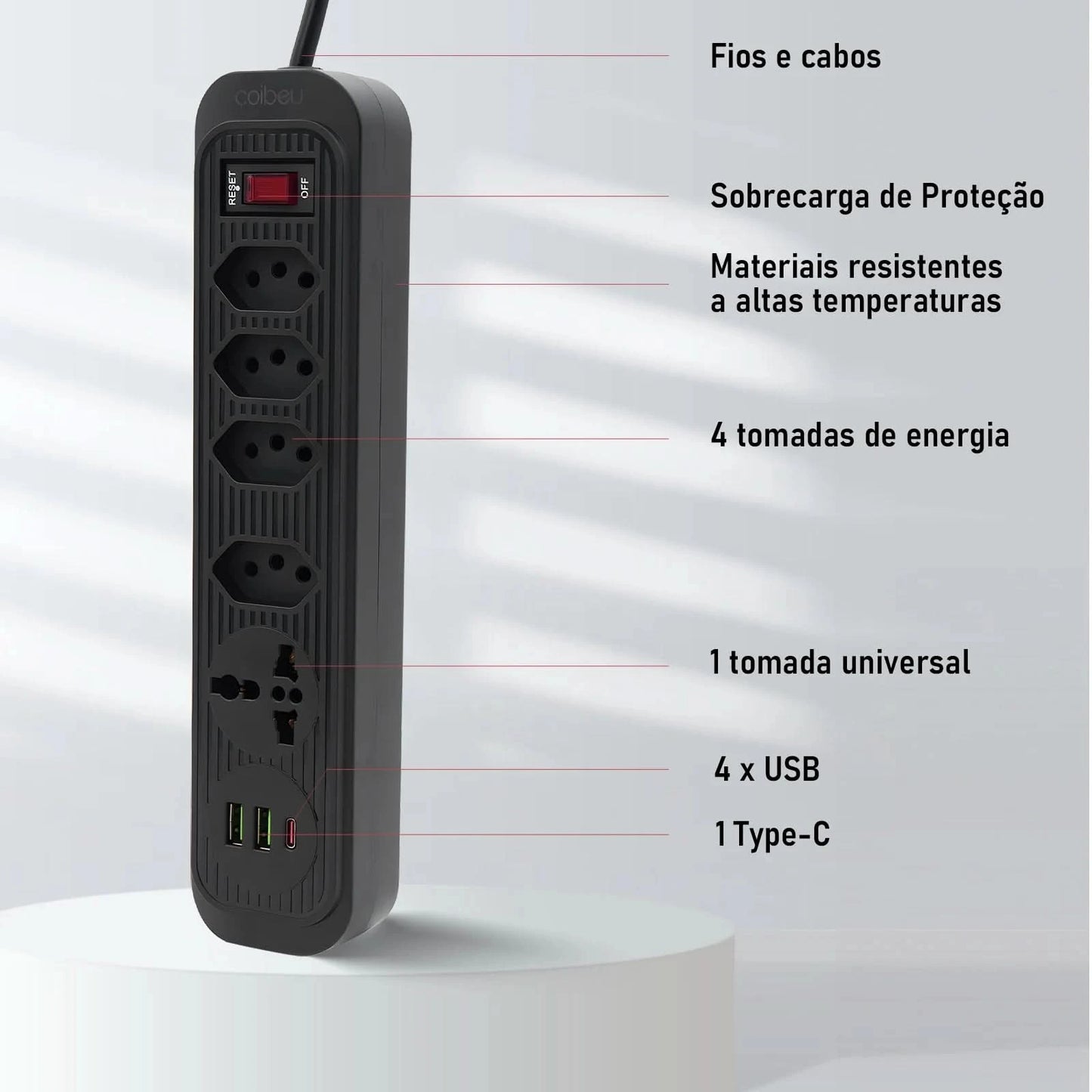 4-fach Verlängerungskabel mit 3 USB-Anschlüssen, weiß, bivolt, 2 Meter, Schwarz, Verlängerungskabel, unterstützt 110-220V Spannung, 2500W Leistung