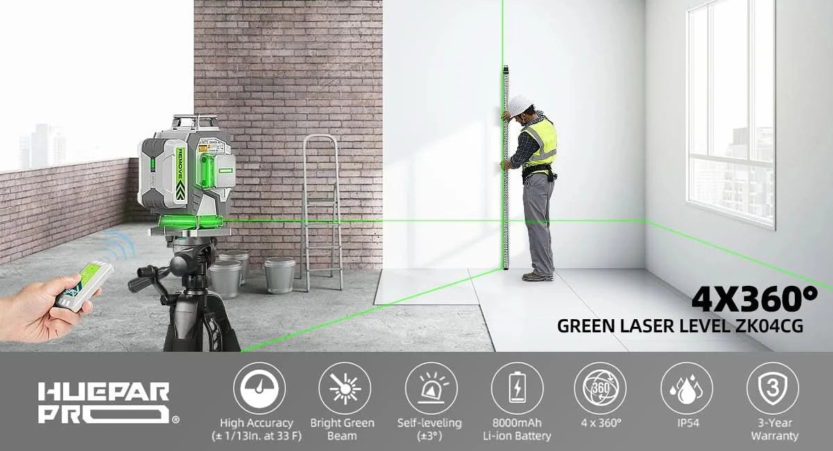 Huepar 4D Cross Line Laser Level High Accuracy ±2mm/10m Self Leveling Green Laser Tools With 8000mAh Li-ion Battery & Receiver