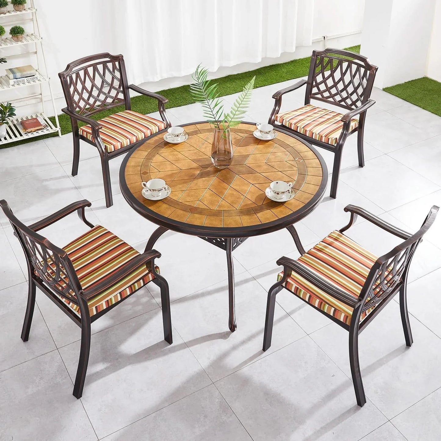 Tile Patio Table Aluminum Frame Outdoor Table Bistro Table All Weather Garden Table Faux Wood Grain Backyard Table Dining Table