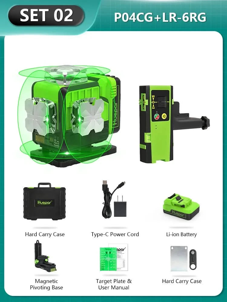Huepar 16 Lines 4D Laser Level P04CG 360 Horizontal And Vertical Self-Leveling Bluetooth Remote Control With Li-ion Battery
