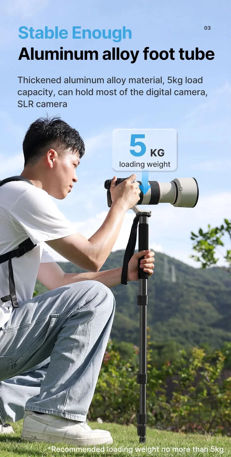 Ulanzi Leichtes Einbeinstativ Aluminium DSLR-Kamerastativ für 1/4''3/8'' Wanderungen Reisen Selfie-Stick Max. 155cm Verlängerung 5KG Belastung