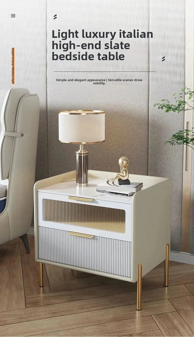 Bedside Table,Modern Light Luxury, Solid Wood Italian Simple Storage, Ultra-narrow Bed Leather Smart Side Cabinet Bedroom