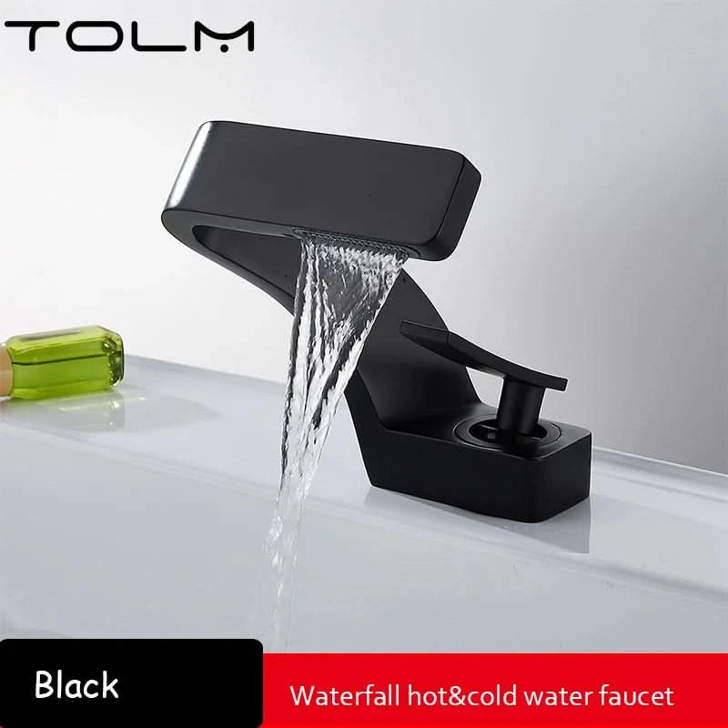 TOLM Messing Schwarz Gold Waschtischarmatur Badezimmer Waschbeckenarmaturen Warm Kalt Wasserhahn Mischer Deck Montiert Einhebel Loch Bad Küche