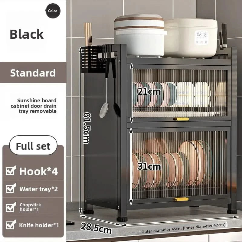 Kitchen cupboard storage box with door, dust-proof bowl rack, countertop, dish storage rack, chopsticks, dishes, drain rack