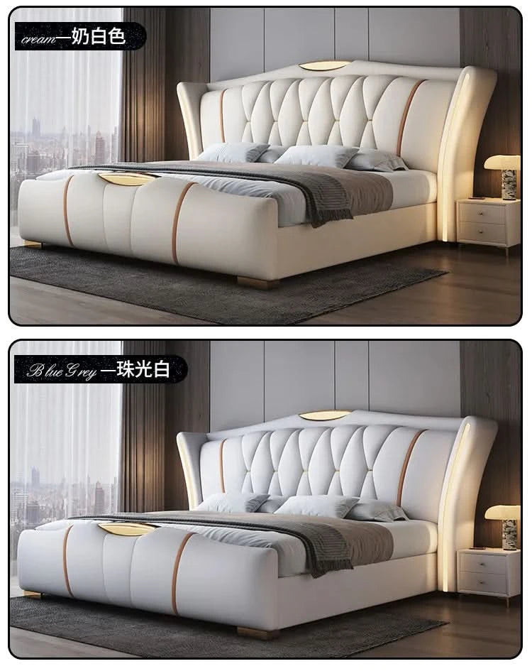 Home Leather bed with light modern minimalist lit 150x200 180x200 200x220 cm Double bed 2 people bedroom beds frames Furniture