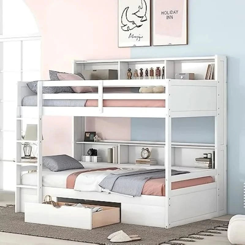 Twin over Twin Bunk Bed with Storage Drawer, Solid Wood Construction, Built-in Shelves on Each Side