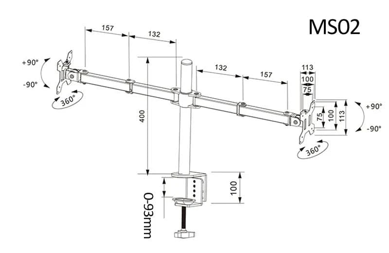 D-MOUNT MS02 9.9kg pro Kopf voll bewegliche 360° drehbare Halterung für zwei 10"-27" Monitore, Tischhalterung, langer Arm mit Klemme und Kabeldurchführung