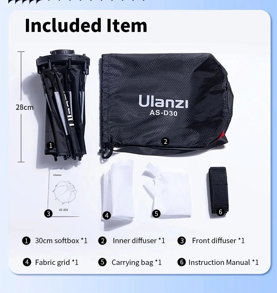 Ulanzi AS-D30 30cm achteckige Softbox Mini Bowens Mount Schnellspann-Wabengitter-Softbox für Ulanzi LT028 LT005 COB-Licht