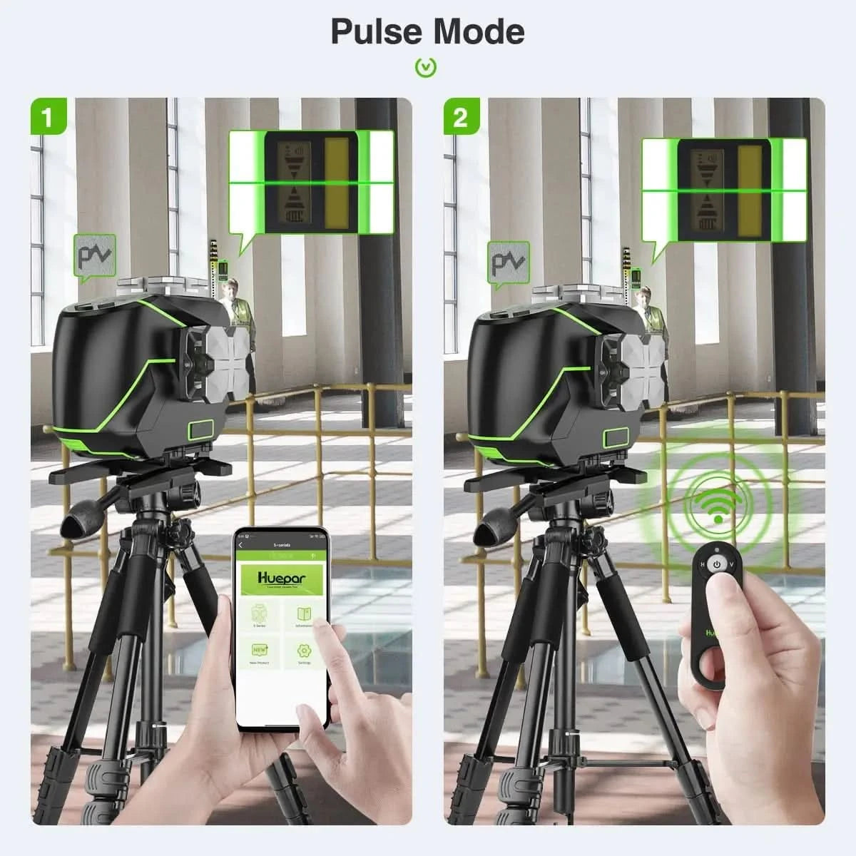 Huepar 4D 16 Lines Laser Level Self Leveling 4x360°Cross Line LCD Screen Bluetooth Remote Green Beam Tiling Floor with Receiver