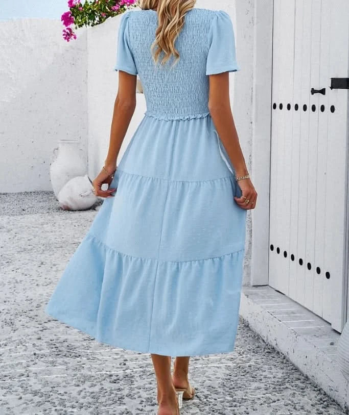 Women's Casual Solid V-Neck Short Sleeve A-Line Dress Temperament Commuting Summer New Fashion Women Clothes Pullover Dresses