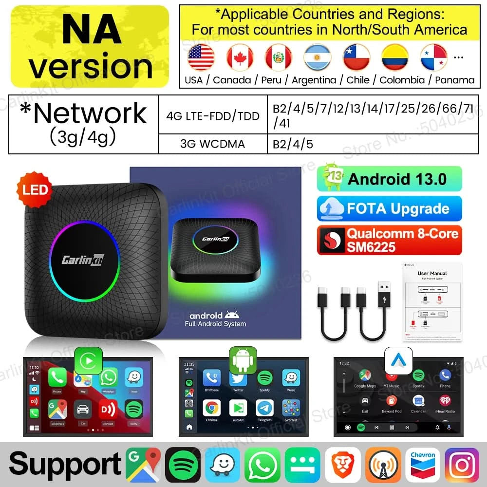 2026 CarlinKit CarPlay AI Box Android 13.0 SM6225 8-Core Android Auto Wireless CarPlay Adapter 2.4+5GGPS 64G 128G FOTA-Upgrade
