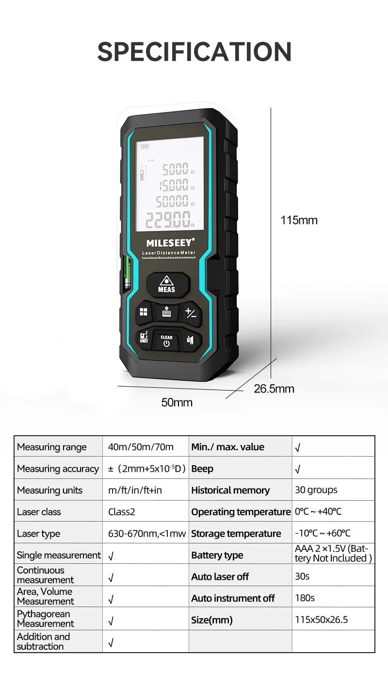 Mileseey S6 Laser-Entfernungsmesser 40m/120m, Entfernungsmesser mit Libelle, LCD-Display mit Hintergrundbeleuchtung, Messwerkzeuge für Zuhause