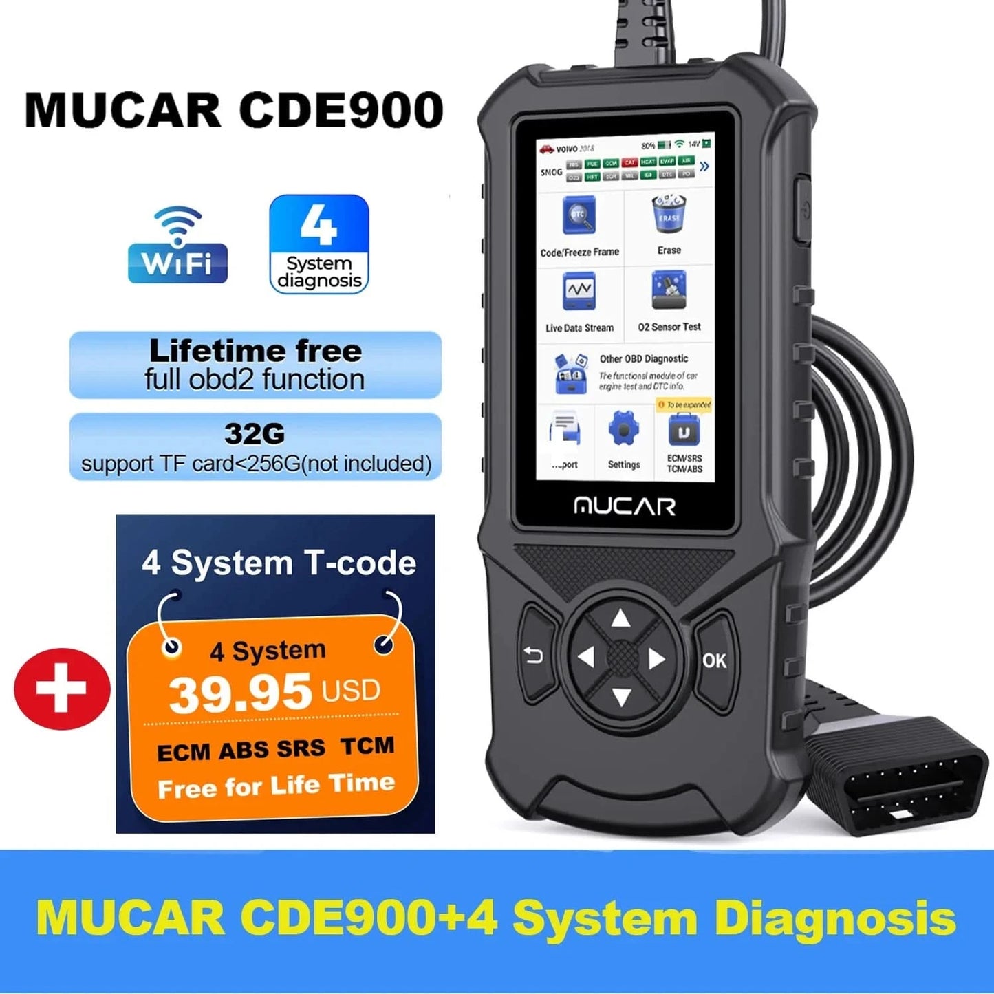 MUCAR CDE900/cde900 Pro OBD2 Diagnostic Tool 32GB Scanner Brake Airbag Transmission Engine Diagnosis Code Reader