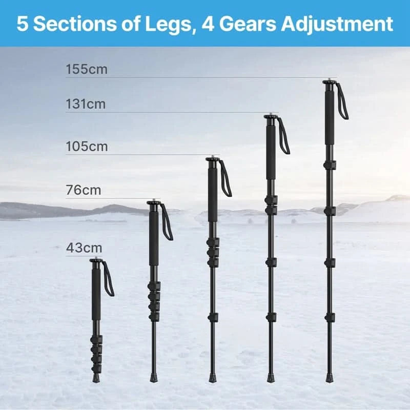 Ulanzi Leichtes Einbeinstativ Aluminium DSLR-Kamerastativ für 1/4''3/8'' Wanderungen Reisen Selfie-Stick Max. 155cm Verlängerung 5KG Belastung