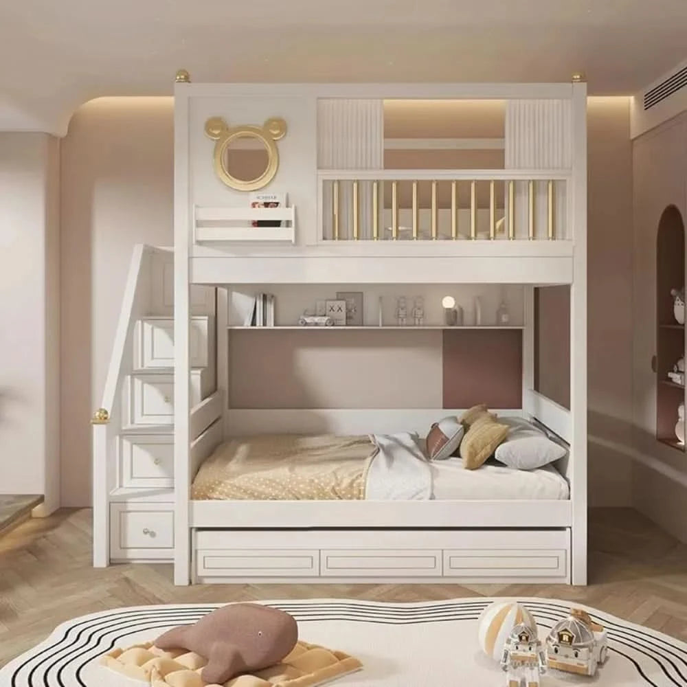 Modern Comfortable Wooden Bunk Bed with Double Top Loft Design Unisex Width Suitable for Nursery  Living Room  with Slide