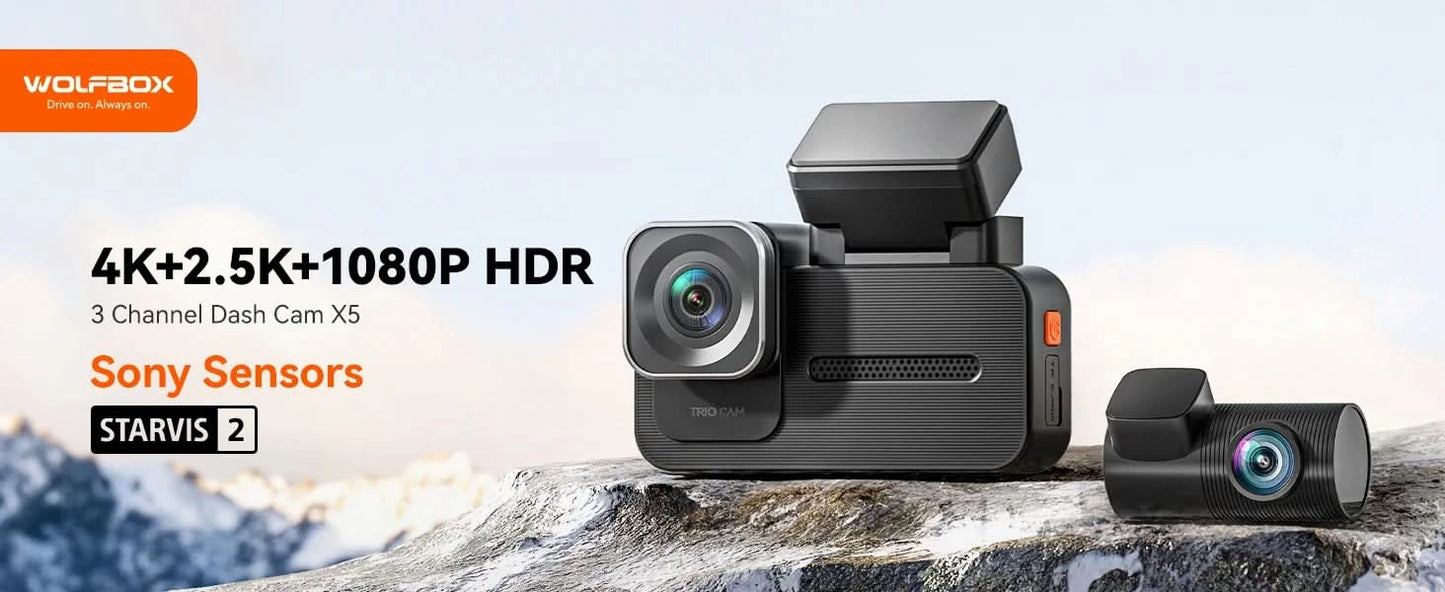 WOLFBOX X5 3-Kanal 4K Dashcam STARVIS 2 IMX678 4K+2.5K Dreifach-Auto-Kamera für vorne, hinten und innen 5.8GHz WiFi Spiegel-Auto-DVR