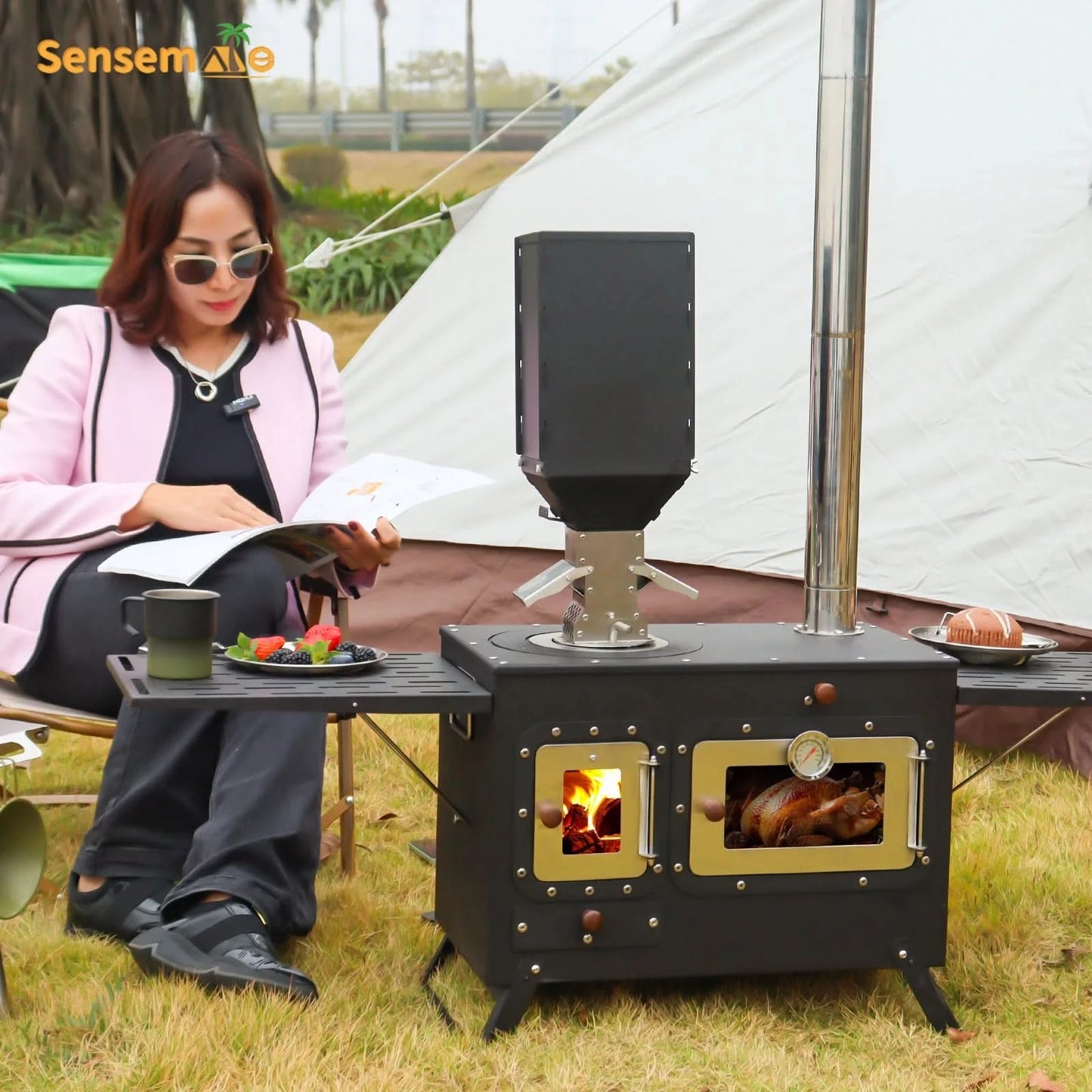 Camping Wood Stove Fire View Side Glass Portable Folding Wood Burner with Chimney Stainless Steel Tent Heater for Ice Fishing