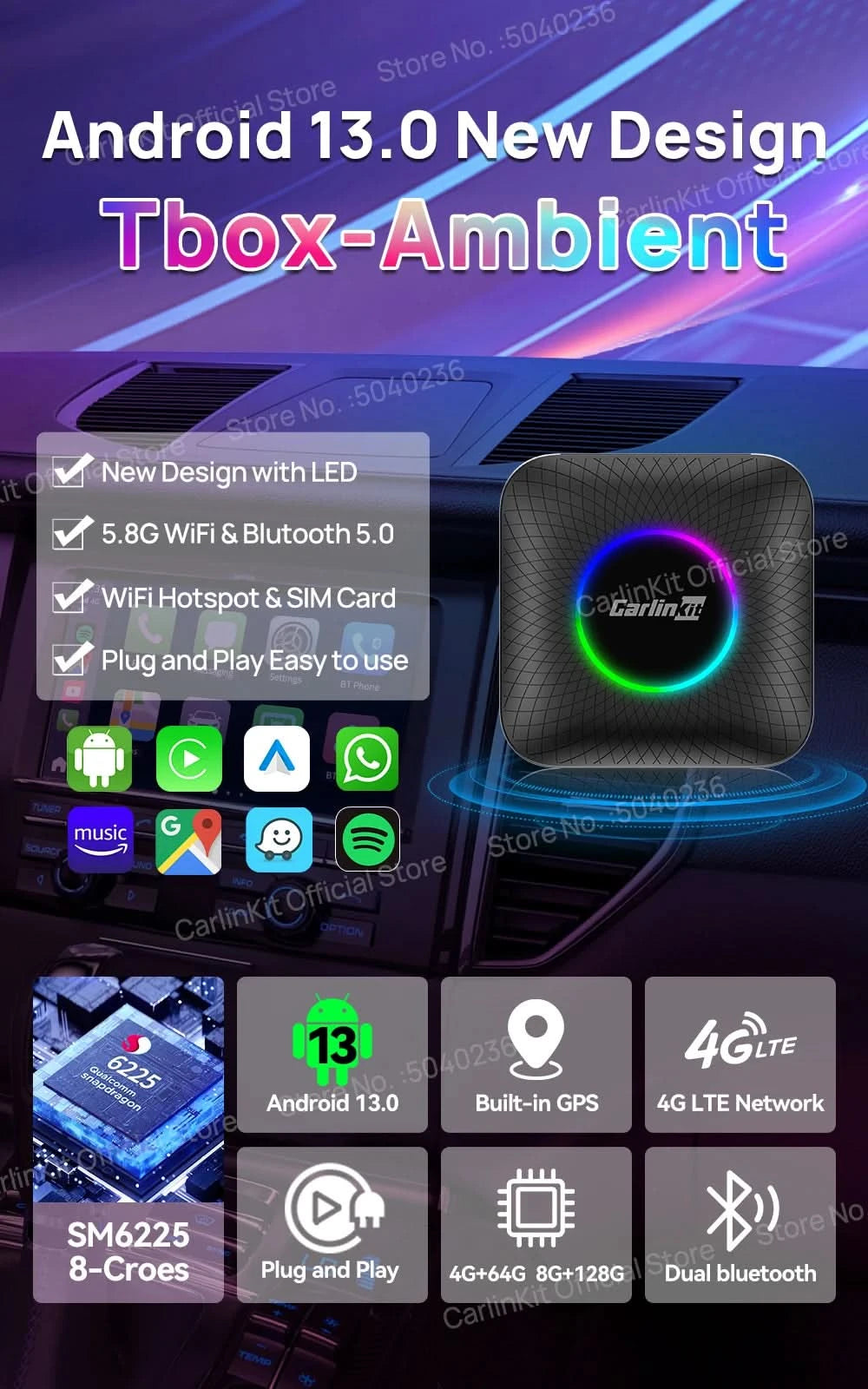 2026 CarlinKit CarPlay AI Box Android 13.0 SM6225 8-Core Android Auto Wireless CarPlay Adapter 2.4+5GGPS 64G 128G FOTA-Upgrade