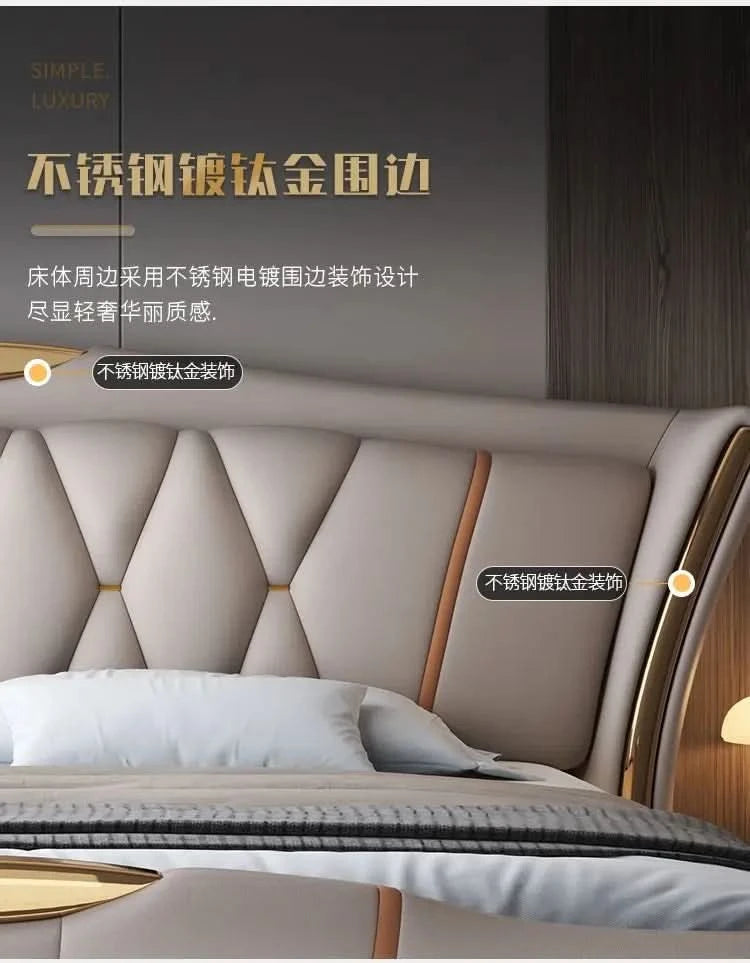 Home Leather bed with light modern minimalist lit 150x200 180x200 200x220 cm Double bed 2 people bedroom beds frames Furniture
