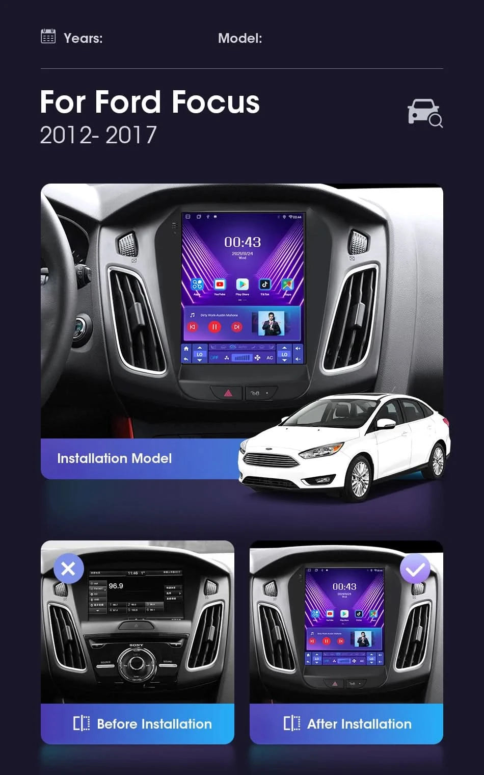 Srnubi 2 Din 9.7" Android 12 Carplay Car Radio for Ford Focus 3 Mk 3 2011 2012 - 2019 Multimedia Player 2Din GPS Auto Stereo DVD