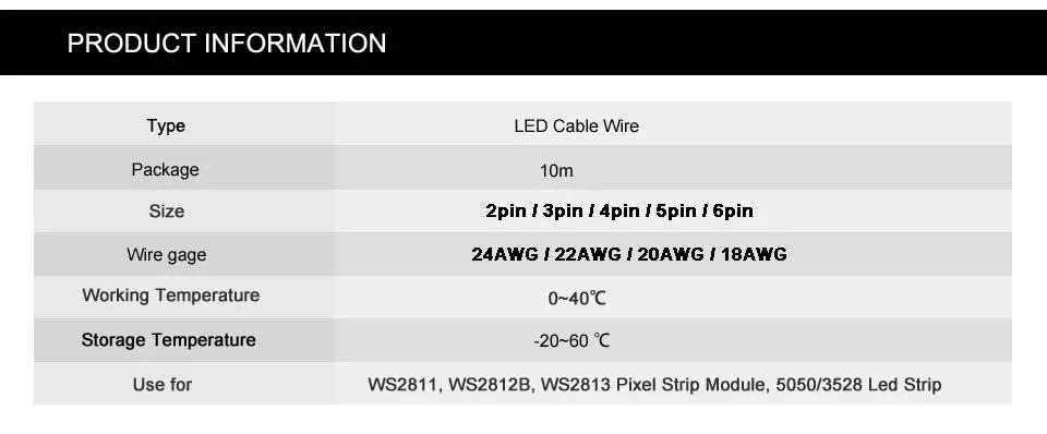 10m 2pin to 6pin Electric Wires 24AWG 22AWG 20AWG 18AWG WS2812B WS2815 RGBCCT RGBW FCOB COB LED Cable Connector Extension Wire