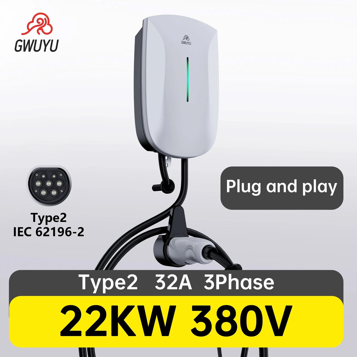 Wallbox EV Ladegerät 32A 7KW 16A 11KW 22KW 3-Phasen Elektrofahrzeug-Ladestation Typ2 IEC62196-2 Steckdose 5m Kabel Plug and Play