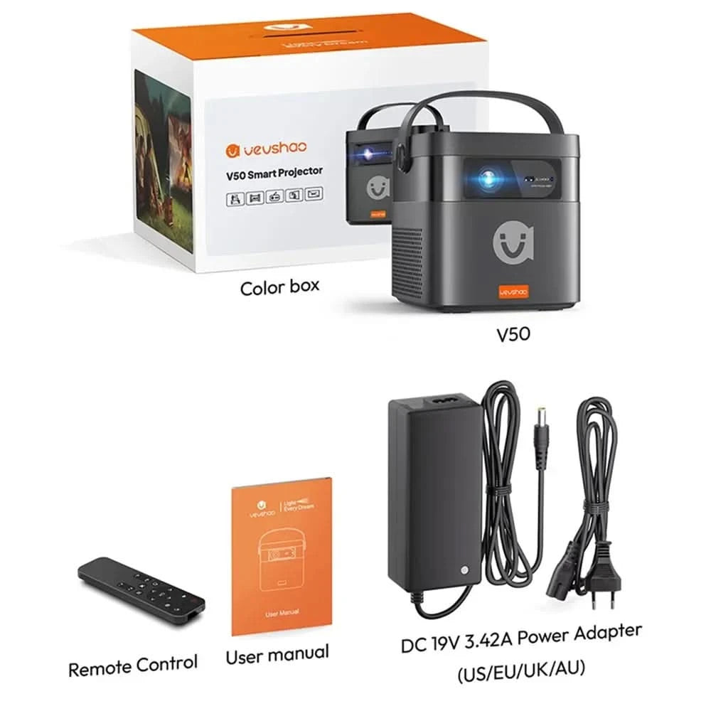 Vevshao V50 3D Tragbarer Mini-Beamer 4K HD LED WiFi 1080P Filme Video DLP Heimkino-Projektoren mit 15000mAh Akku