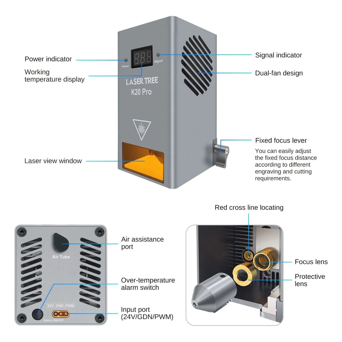 LASER TREE 10W 20W 30W 40W Optical Power Laser Head with Air Assist 450nm Blue Light TTL Module for Laser Engraving Cutting Tool