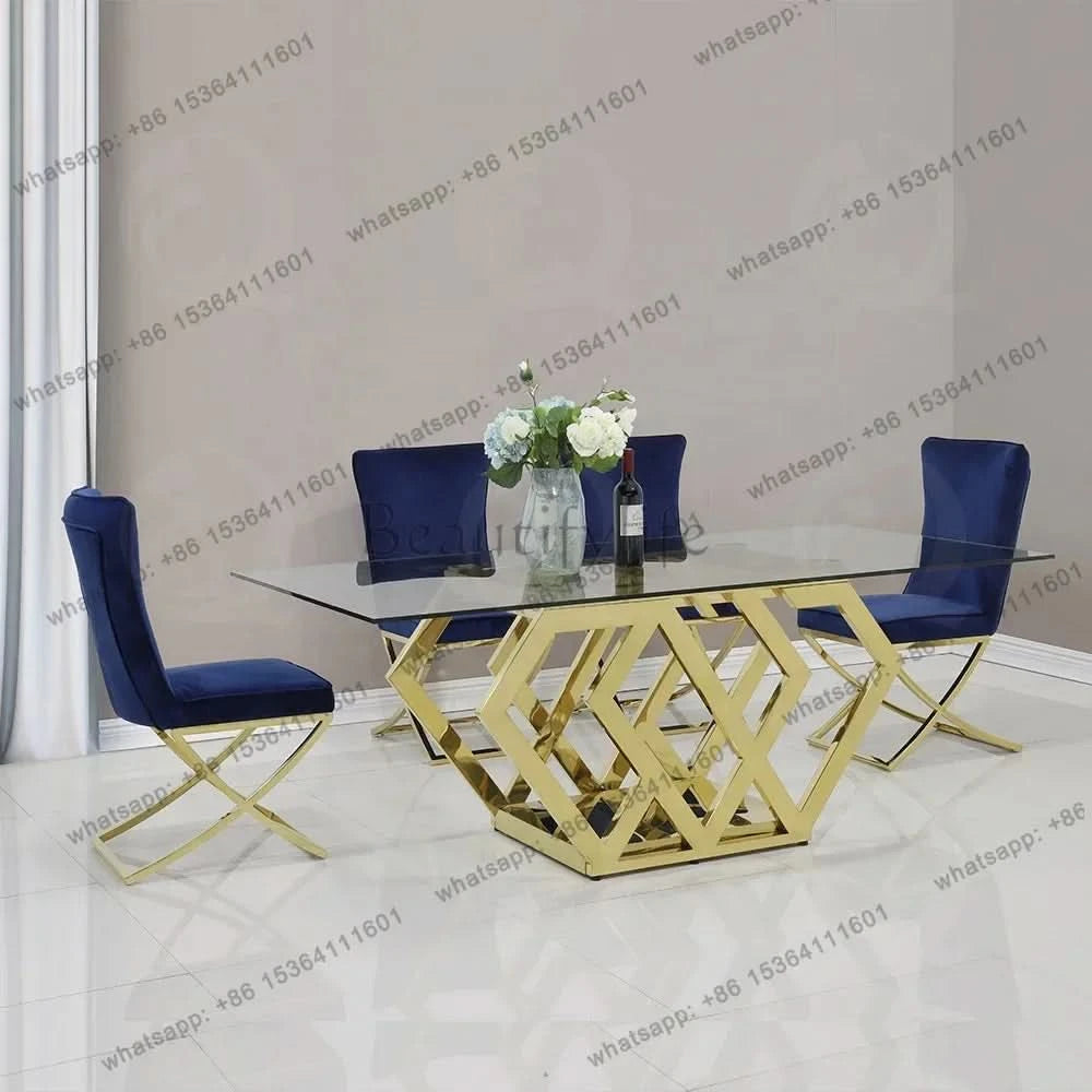 Golden stainless steel base tempered glass top modern luxury dining furniture with 8 seater dining room table