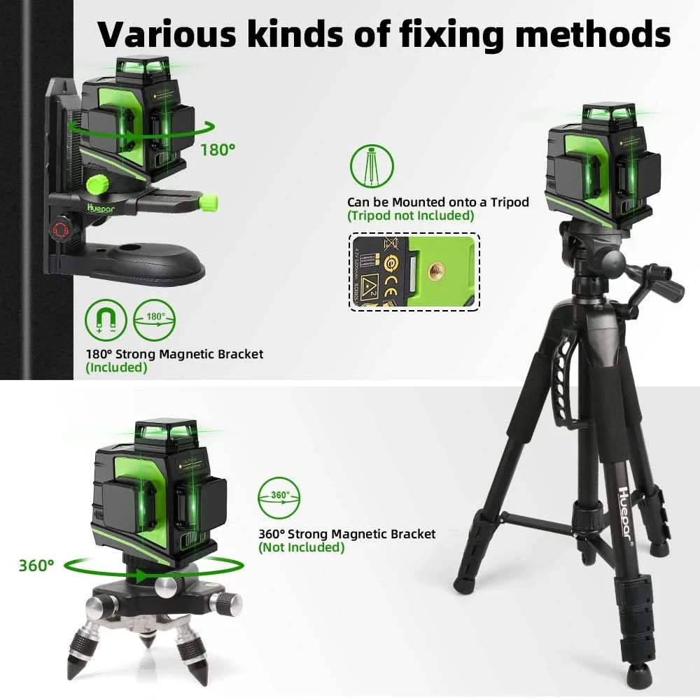 Huepar 12 Lines 3D Cross Line Laser Level Kit Osram Self-Leveling Green Beam 360° Vertical Horizontal With Laser Receiver Tripod