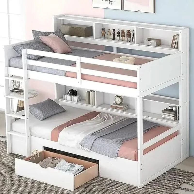 Twin over Twin Bunk Bed with Storage Drawer, Solid Wood Construction, Built-in Shelves on Each Side