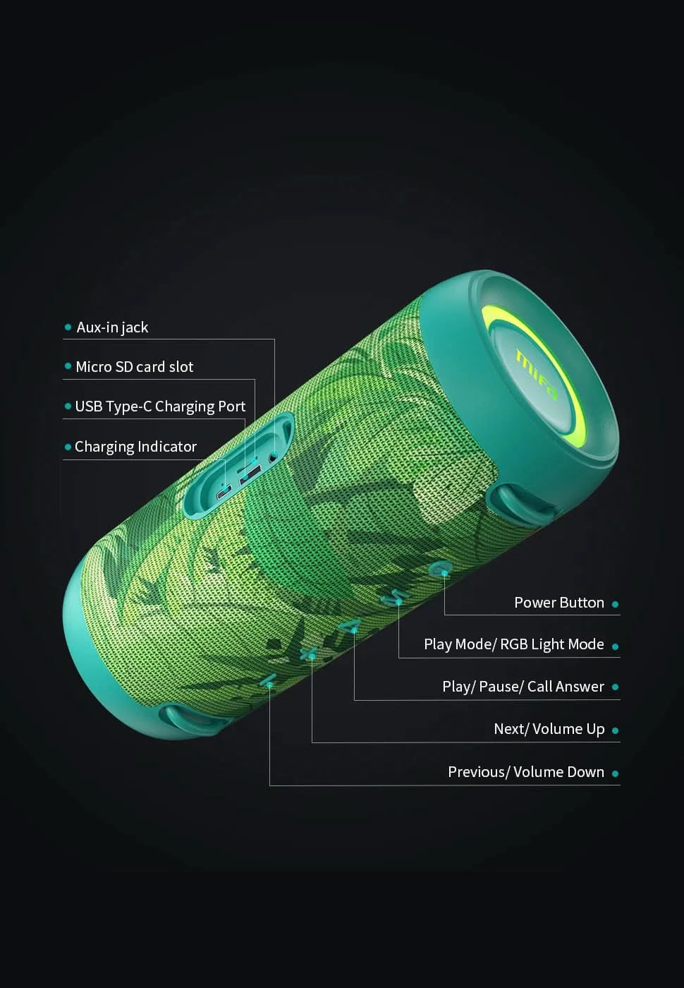 mifa A90 Green Bluetooth-Lautsprecher 60 W Ausgangsleistung Bluetooth-Lautsprecher mit Class-D-Verstärker Ausgezeichnete Bassleistung